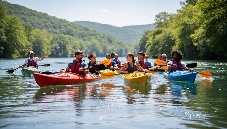 Group of kayakers gathered on calm lake water during sunset on guided tour