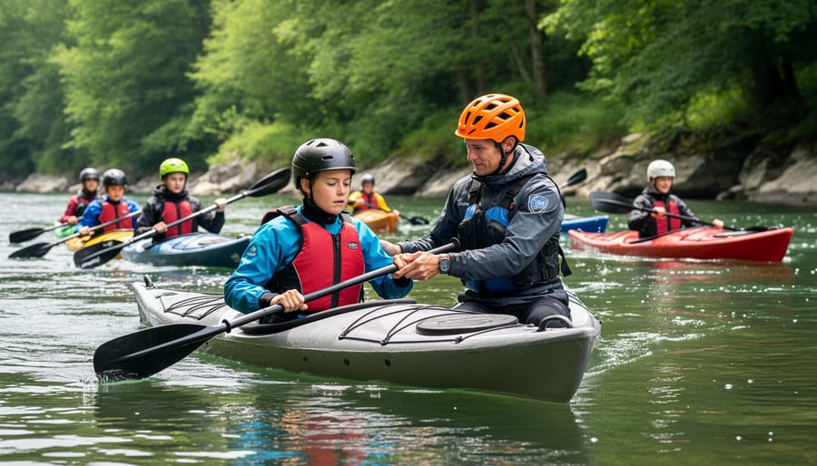 Kayaking guide demonstrating paddle techniques to group of beginners on calm water