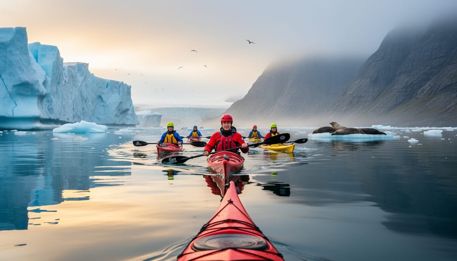 Guided group of beginner kayakers in red and yellow sea kayaks following a leader across calm glacial water at golden hour, with towering blue icebergs and distant seals in the background