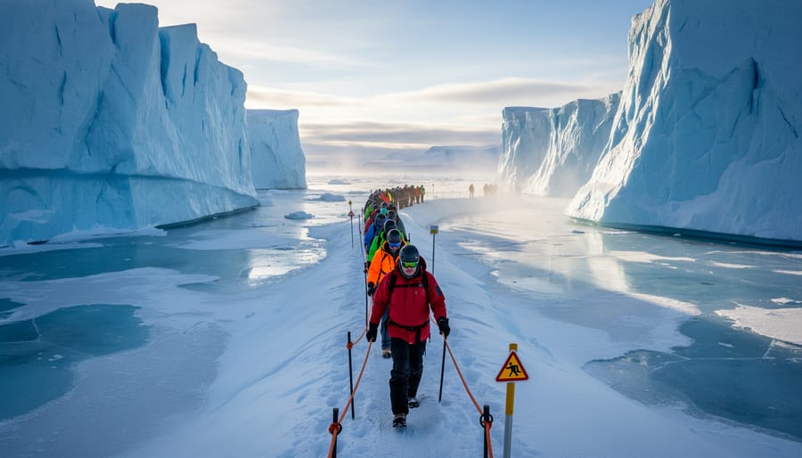 Kayaker's view approaching large iceberg on calm arctic waters during guided tour