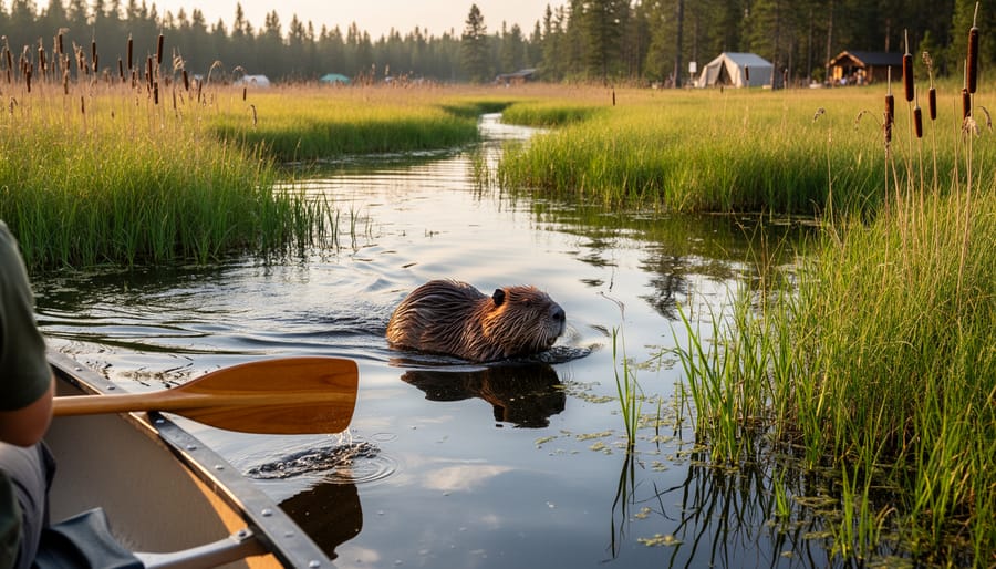 Beaver swimming in a marsh channel with rippling water and reeds in the background