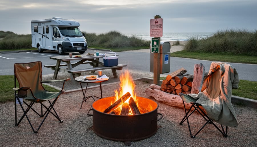 Glowing embers in a campfire ring with a covered cooking pot on a picnic table near campsite tents