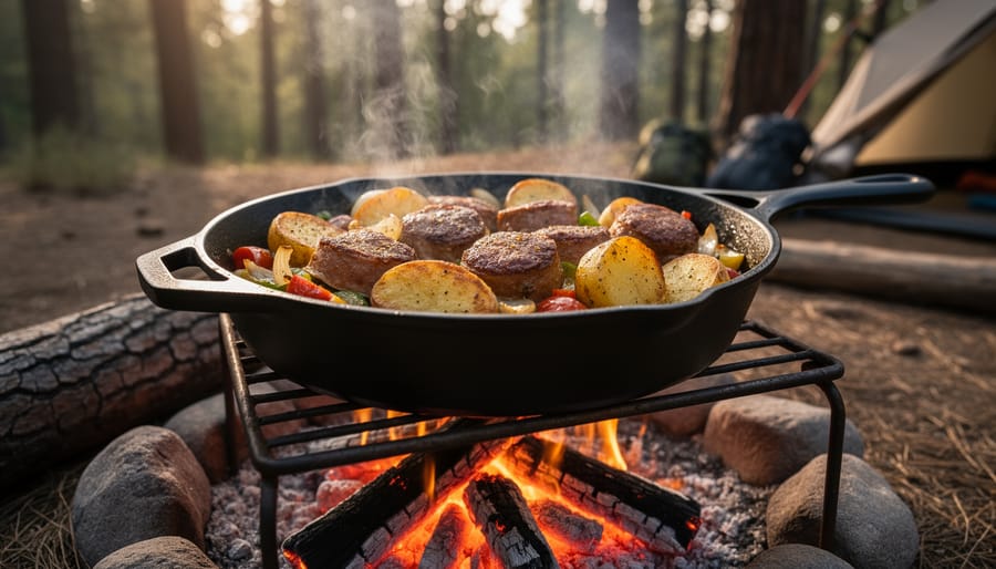Campfire dinner with a cast-iron skillet bubbling over coals and crescent-roll pastries browning nearby, with tents and forest blurred in the background.