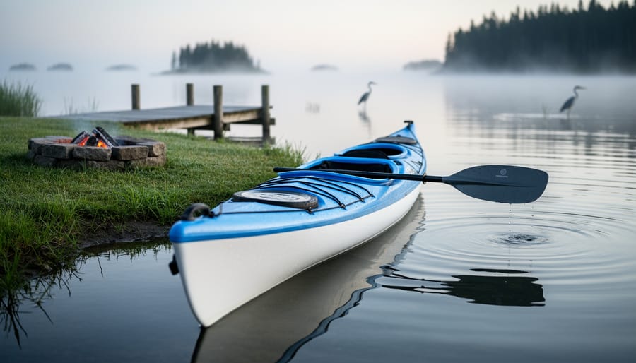 “Kayak resting at a grassy shoreline campsite near a calm channel with morning mist over the Îles-de-Boucherville water and islands in the background.”
