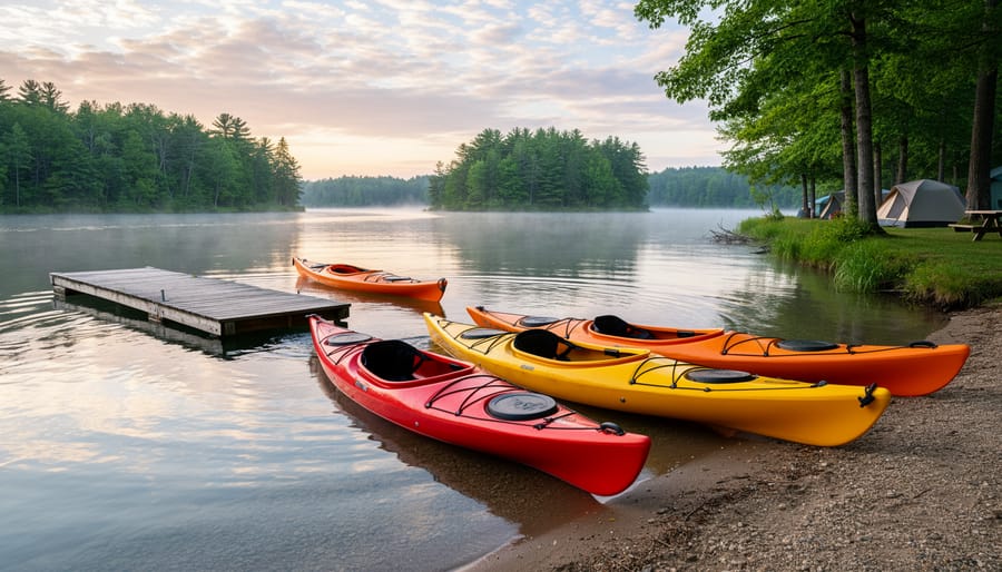 Kayak near a wooden dock at Camping Chenal Du Moine with campers preparing to paddle