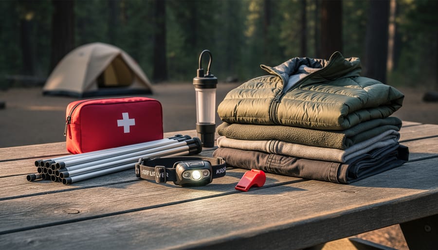 Organized camping gear on a picnic table, including a headlamp, water filter, first-aid kit, and tent poles, with a forest campsite softly blurred in the background.