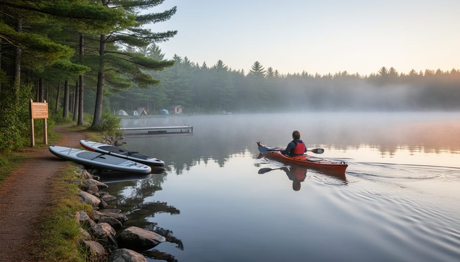 A kayaker paddles on calm misty water at Lac des Pins near a lakeside launch area with pine trees in the background.
