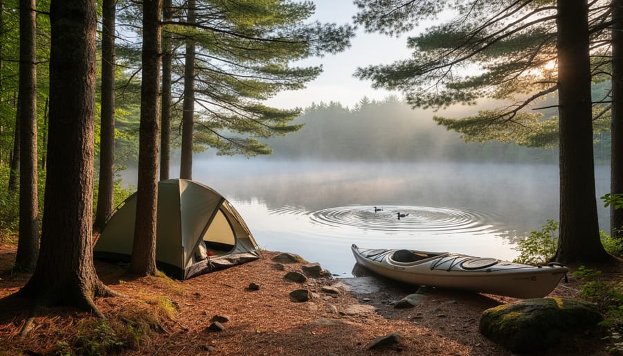 Dawn campsite in a mature pine forest in Quebec’s Laurentians, with a kayak by a misty mirror-calm lake and a tent under the trees.