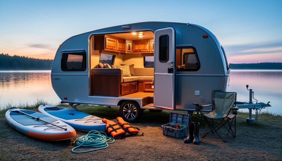 Camping trailer door lit from inside at night with kayaks resting by the shoreline.