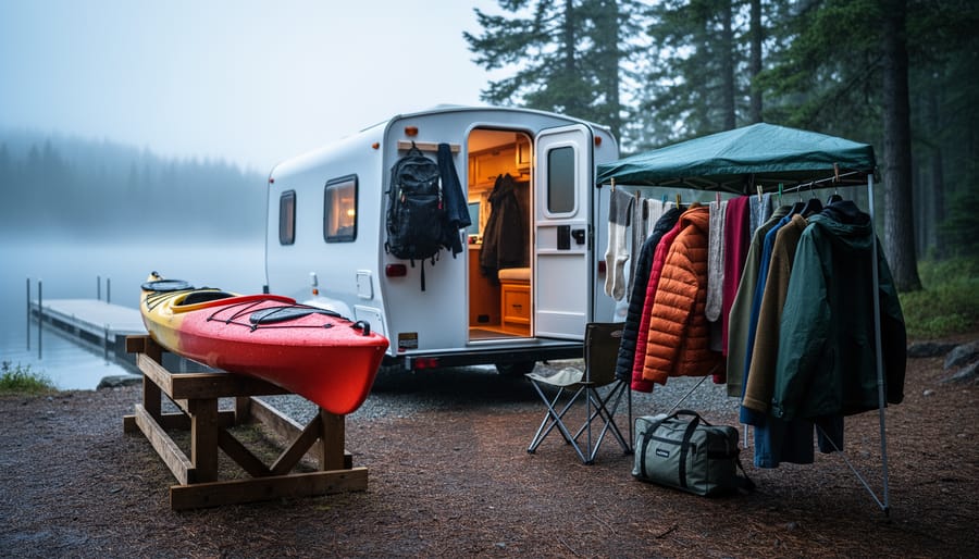 Hard-sided camping trailer at a lakeside campsite near a kayak launch, with a kayak and drying gear by the entrance.