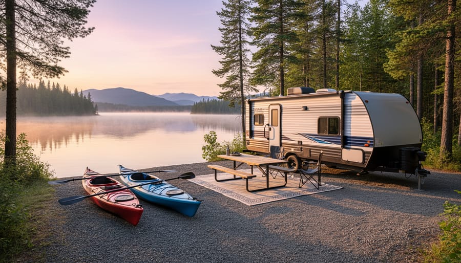 Camping trailer parked at a lakeside campground with kayaks ready to launch.