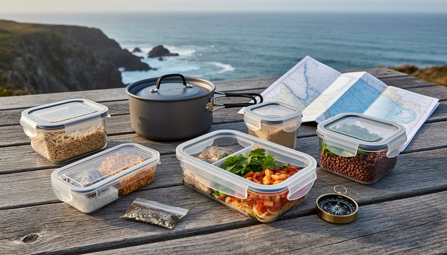 Compact camp cooking gear and sealed food containers laid out beside a waterproof dry bag