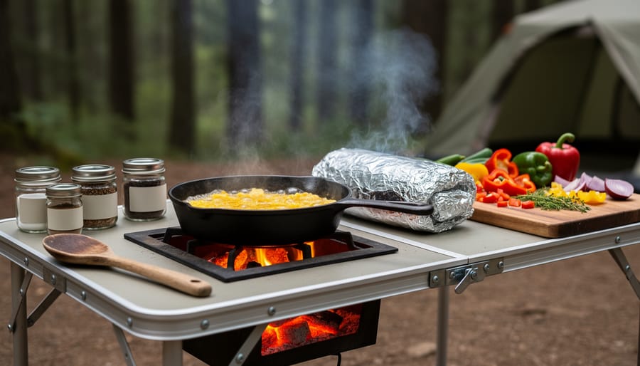 Cast-iron skillet breakfast and a foil packet cooking over campfire coals on a campsite table with prepped ingredients and a blurred forest background.