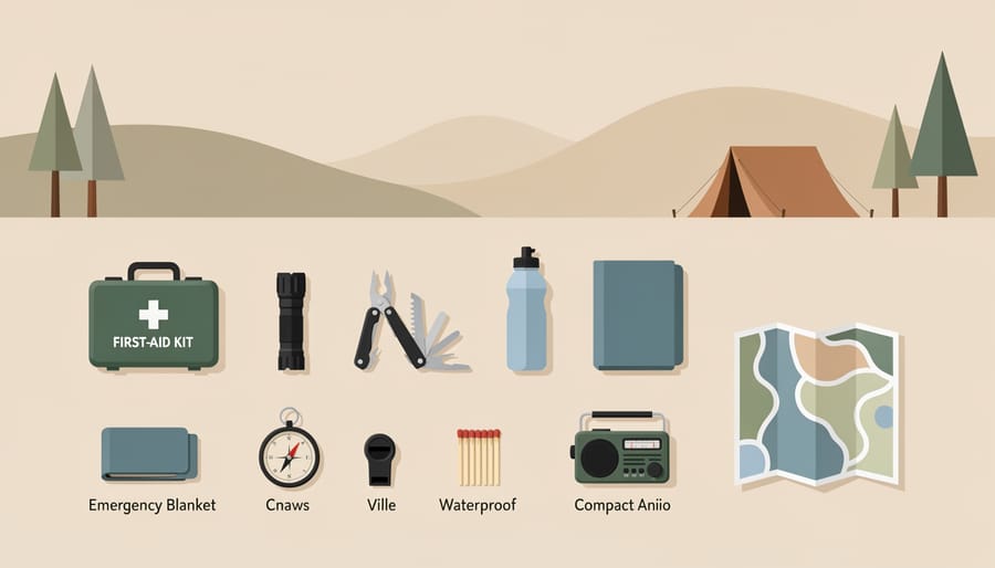 First aid and emergency items laid out on a log in a forest for wilderness safety readiness.