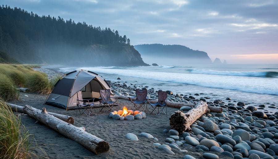 Canvas tents pitched near a rocky beach at French Beach Park with ocean and forest in the background
