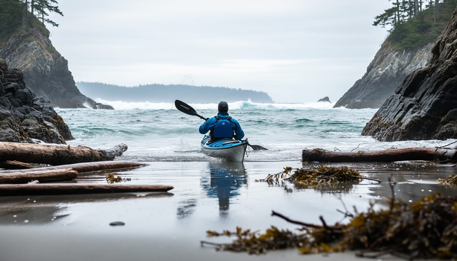A sea kayaker approaches the driftwood-covered shoreline at French Beach Provincial Park with waves and rocky coast in the background.