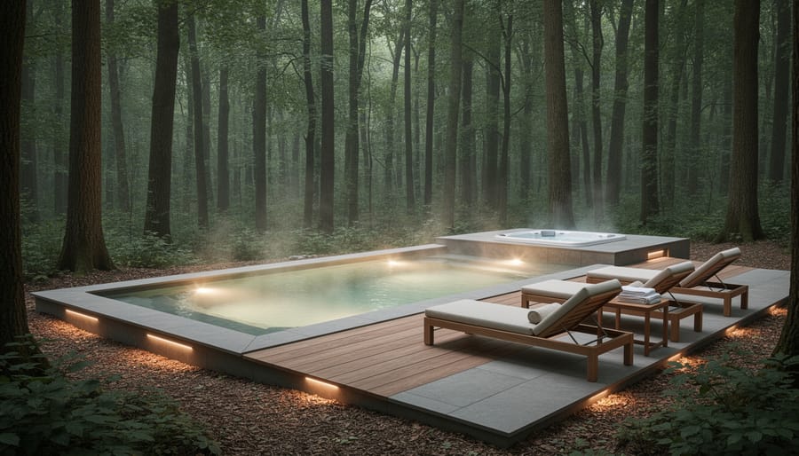 People relaxing beside a heated outdoor pool surrounded by forest trees