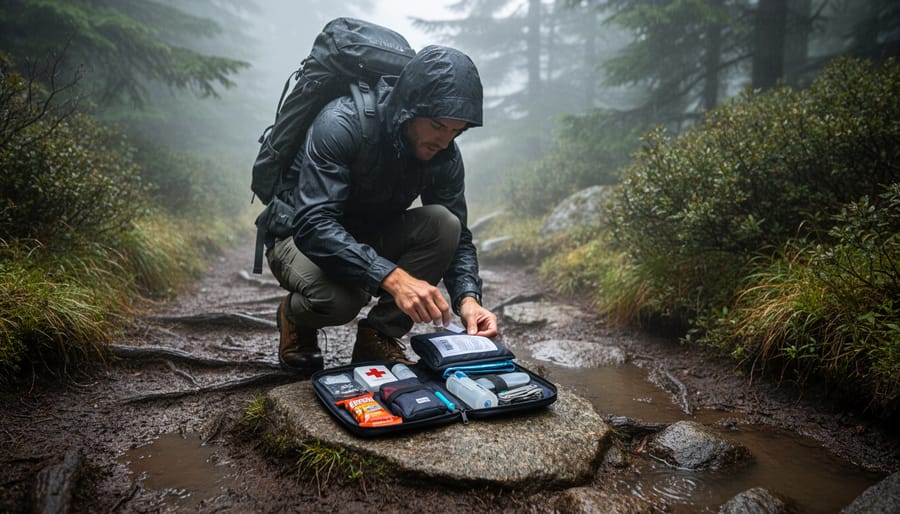 Hiker kneeling on a Canadian trail treating a small blister with a first aid kit nearby