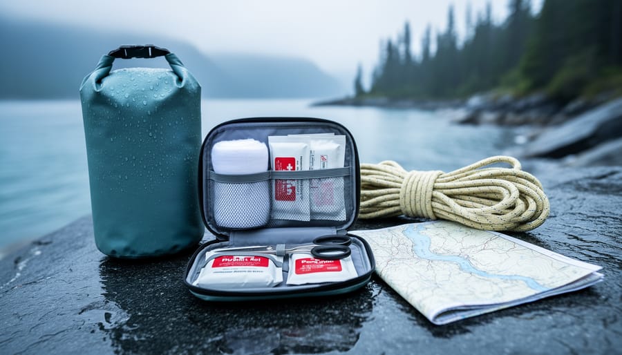Open hiking first aid kit with waterproof kayaking gear on a wet rocky shoreline in a Canadian coastal forest setting.