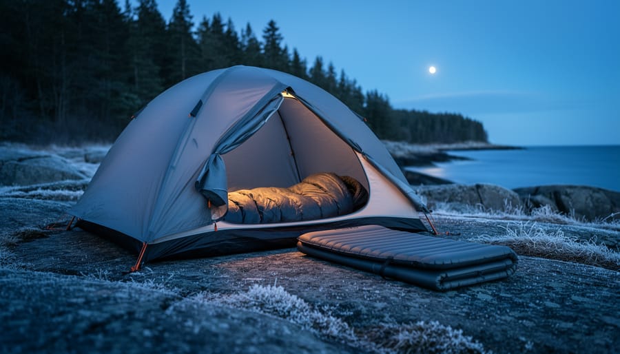 Insulated sleeping pad placed on frosty ground beside a camping tent at dusk, showing warmth protection for hikers.