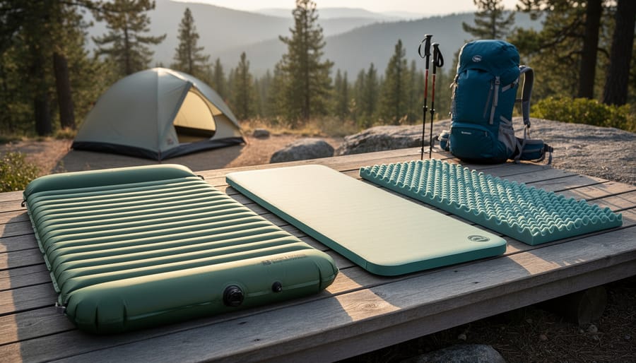 Assorted hiking sleeping pads laid out on a table with backpacking gear nearby