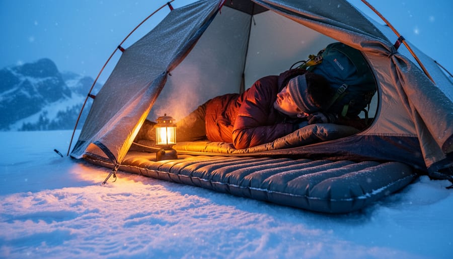 Insulated sleeping pad inside a tent at a snowy mountain campsite with frost on the ground