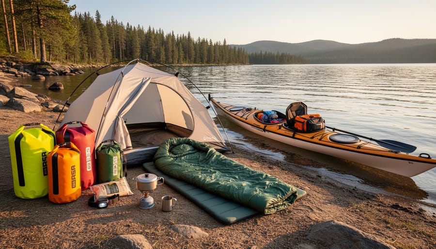 Kayak beside a shoreline with laid-out dry bags, tent, sleeping pad, and tarp ready for a camping trip