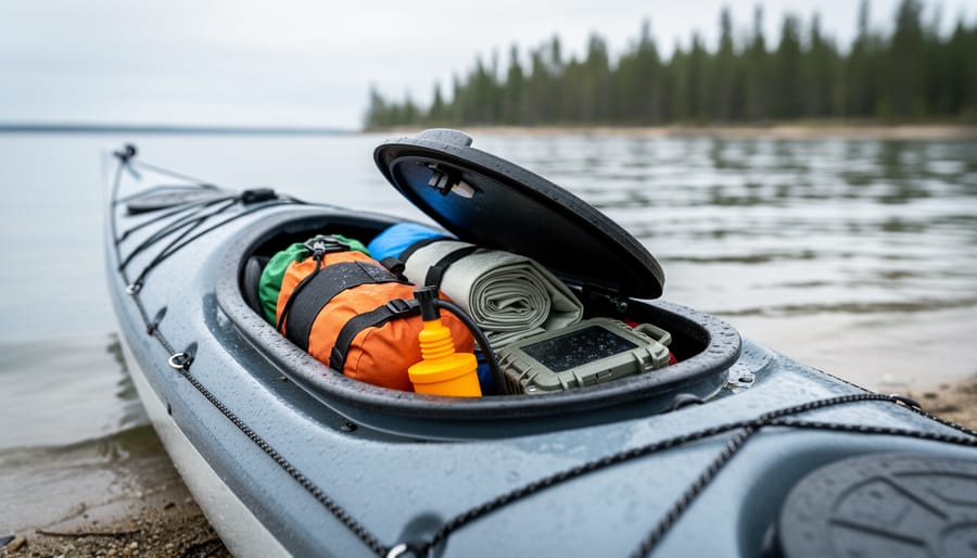 Open kayak hatch packed with waterproof dry bags, a tent bundle, and safety items beside a riverside campsite