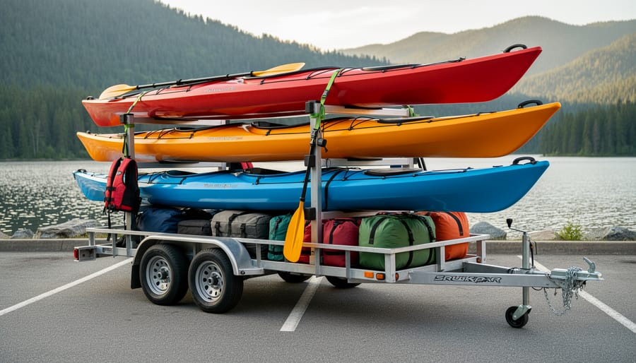 Kayaker loading a sea kayak onto a trailer-mounted rack beside a camping trailer.