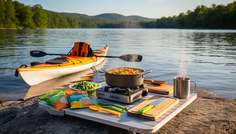 Kayaking camp meal setup with a portable stove, skillet with eggs, cutting board fruit, and prepacked ingredients on a picnic table by the river.