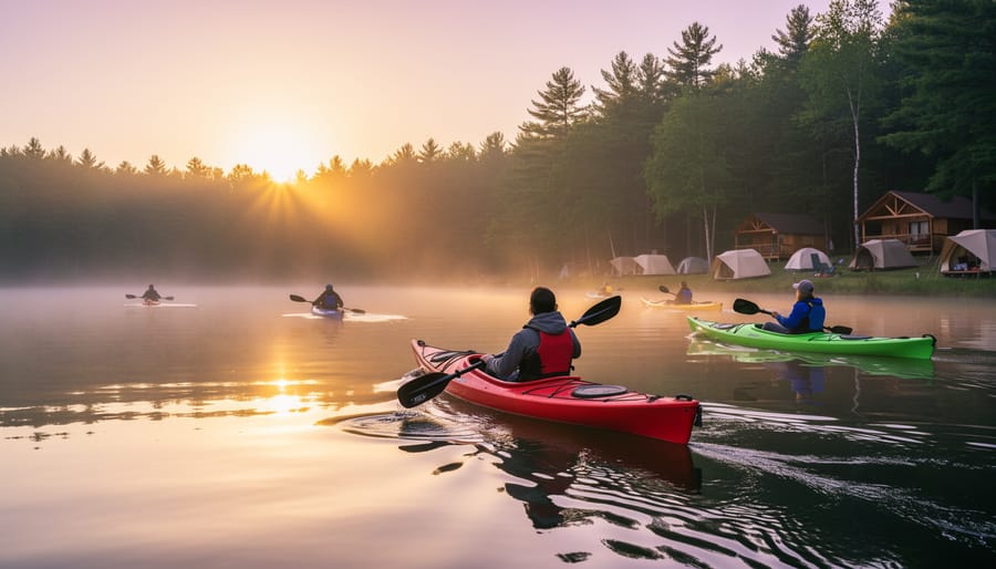 Kayaker paddling on calm river water at sunrise with forested shoreline in the background