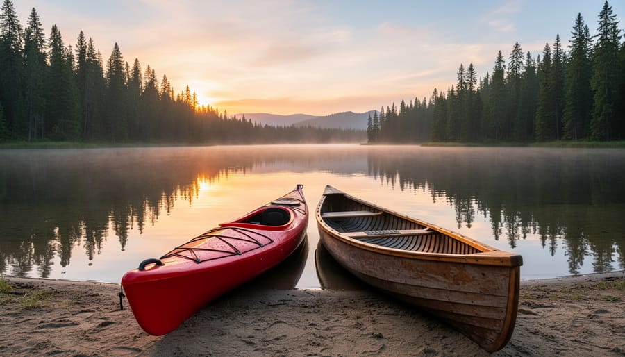 Kayak and canoe resting on the shore of Lac des Pins at golden hour.