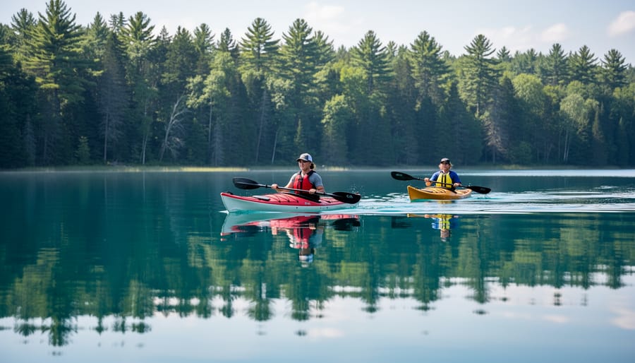 Kayakers wearing life jackets paddling on Lac des Pins.