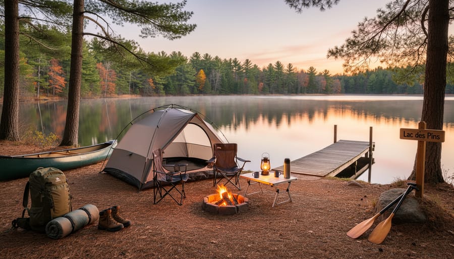 Lakeside campsite with an open tent, picnic table, and canoe near Lac des Pins.