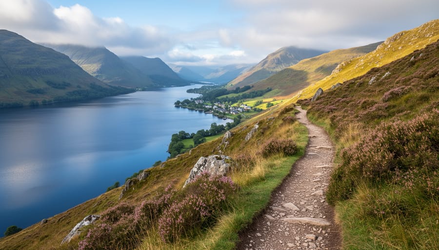 Hikers walking along a trail near Loch Lomond in the Scottish Highlands.