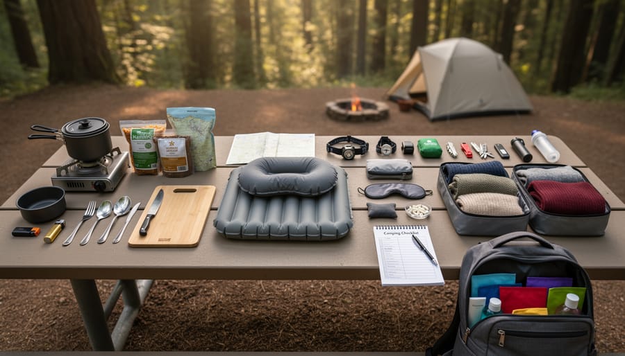 Assorted camping essentials neatly laid out and packed on a picnic table at a forest campsite.