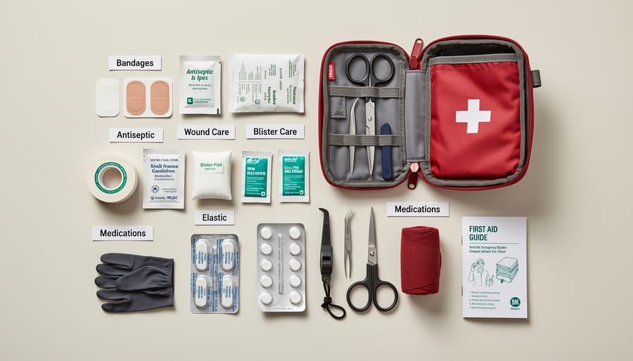 Open hiking first aid kit showing organized supplies like gauze, blister treatment, and an emergency blanket