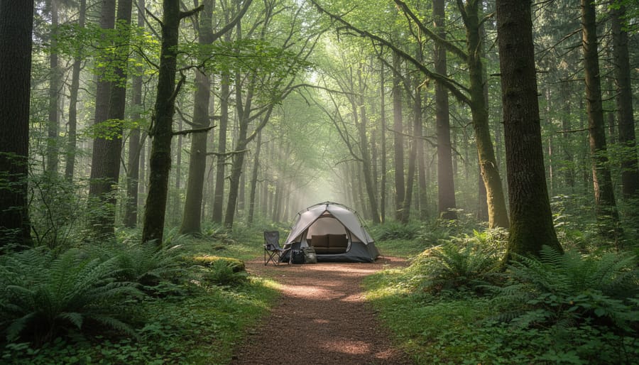 Wooded campground path in a dense Quebec forest with tent sites nestled among trees