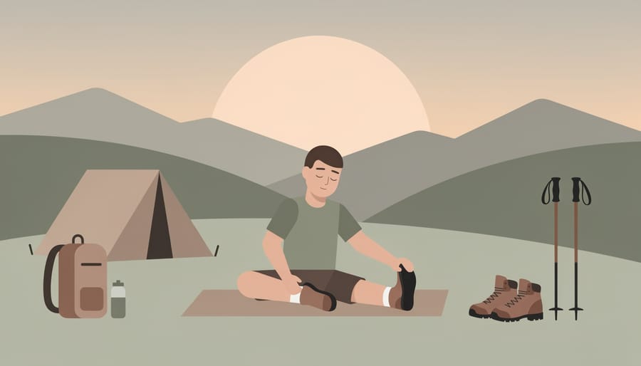 Person applying topical salve and holding a small travel CBD bottle next to hiking boots in a cozy indoor setting.