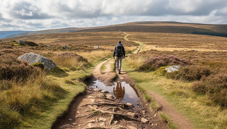 Hiking backpack and poles resting on a rocky path leading into Rannoch Moor.