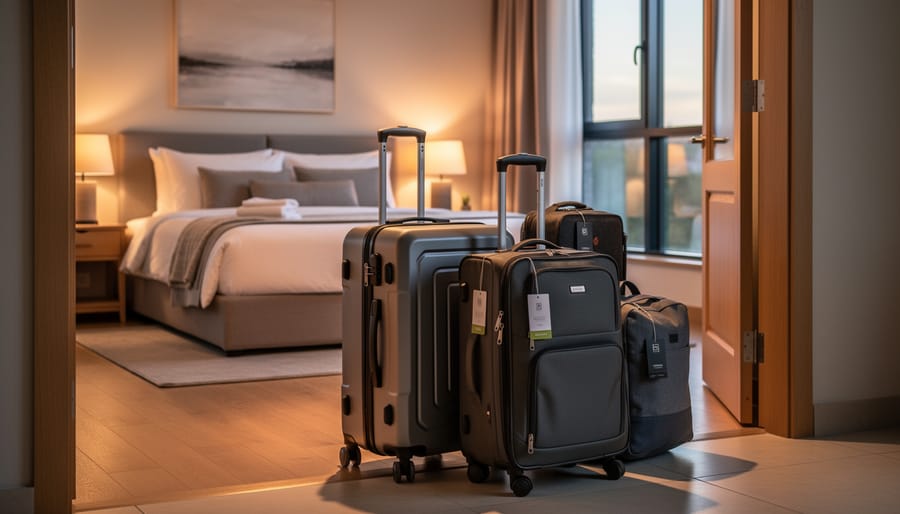 Rolled duffel bags at the entrance of a traditional Scottish inn with warm inviting indoor light.