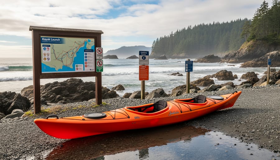 Sea kayak resting on wet sand at a nearby coastal launch with waves and distant shoreline in the background
