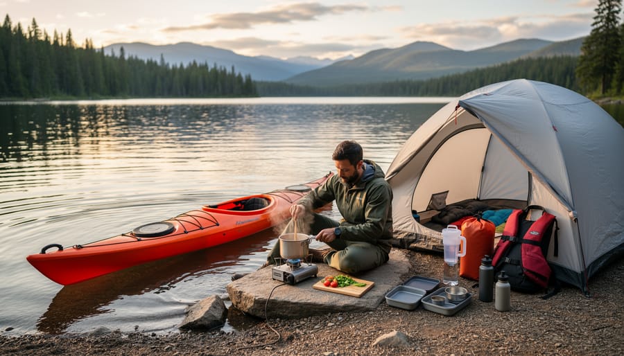 Stove cooking setup on the shore with kayak gear including a life jacket and dry bags nearby.