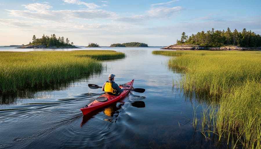 Kayaker paddling through calm marsh channels near the St. Lawrence archipelago at sunrise