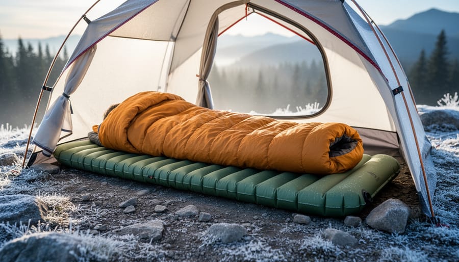 Backpacker adjusting an ultralight sleeping pad on cold rocky ground at a remote campsite