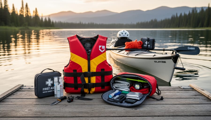 Life jacket and water-ready emergency gear arranged near an open dry bag at a campsite