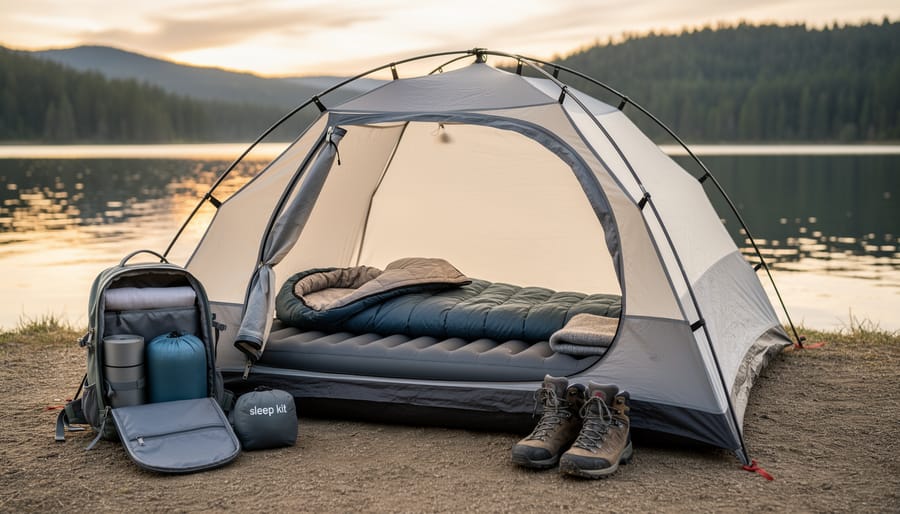 Tent and sleeping gear set up at a waterfront campsite near a calm lake.