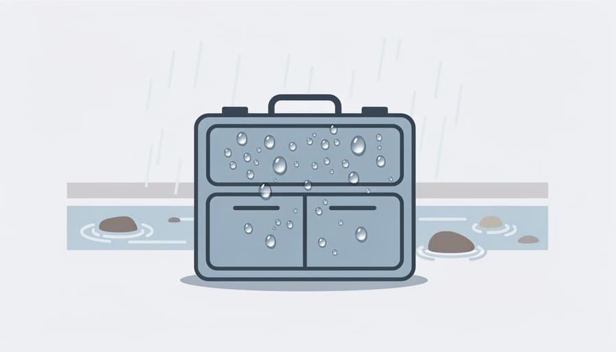 Water droplets beading on a waterproof first aid kit fabric inside a dry bag near a creek crossing