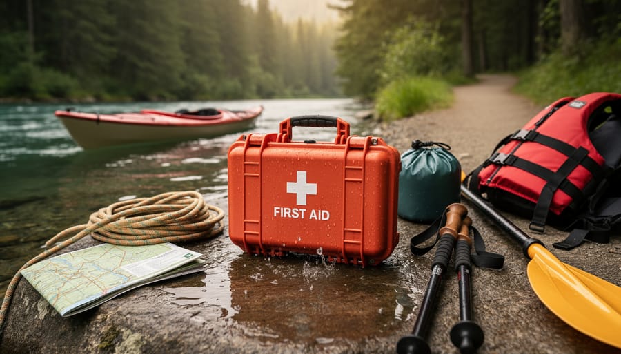 Waterproof hiking first aid kit pouch placed on wet rocks near a kayaking dry bag and gloves