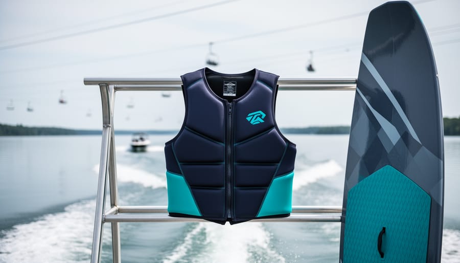 Modern wakeboarding impact vest with visible segmented foam and neoprene texture, placed next to a wakeboard with a blurred cable park background.